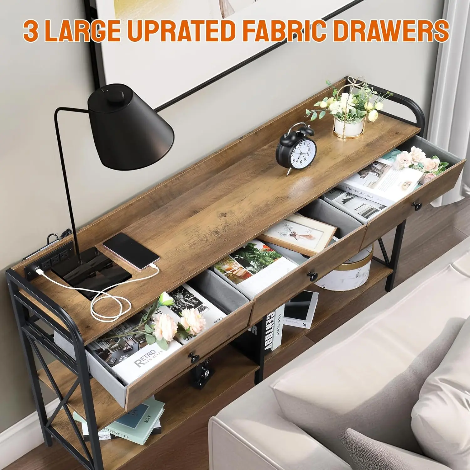 Console Table w/ USB Ports & Outlets, Entryway Sofa Table TV Stand w/ 3 Fabric Drawers 3 Tiers Storage Shelves for Living Room