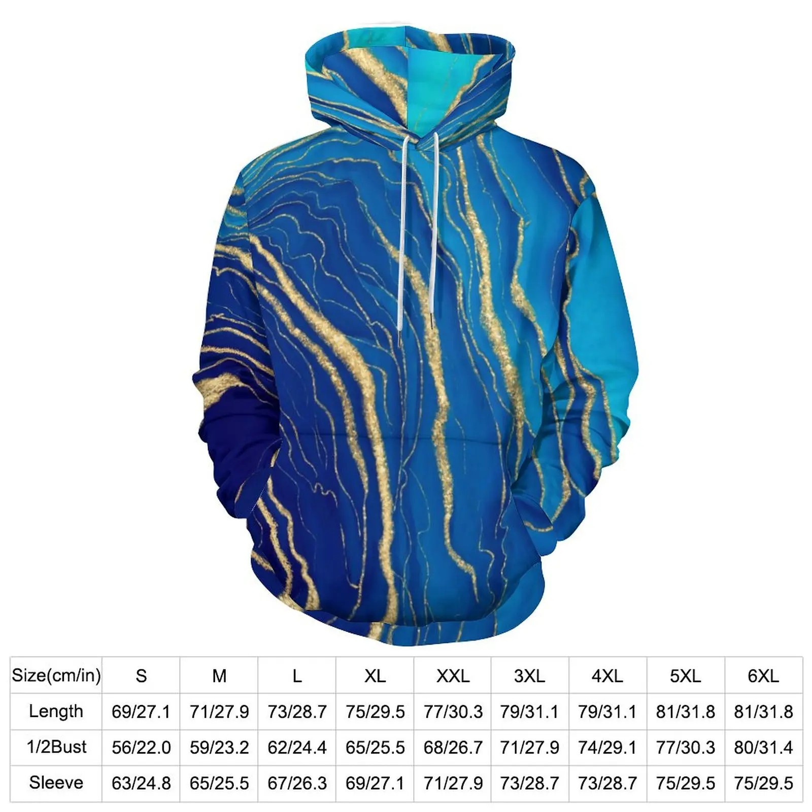 Blue Marble Loose Hoodies Gold Fluid Liquid Streetwear Hoodie Men Long Sleeve Cool Printed Hooded Sweatshirts Big Size 4XL 5XL