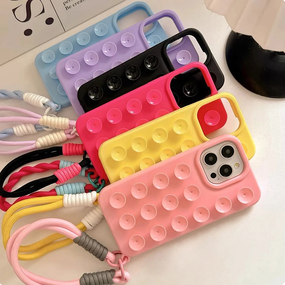 Phone Case For iPhone 13 15 16 17 Pro Max iPhone 14 11 12 13 Pro XR Luxury Suction Cup Candy With Wrist Strap Shockproof Cover view 5