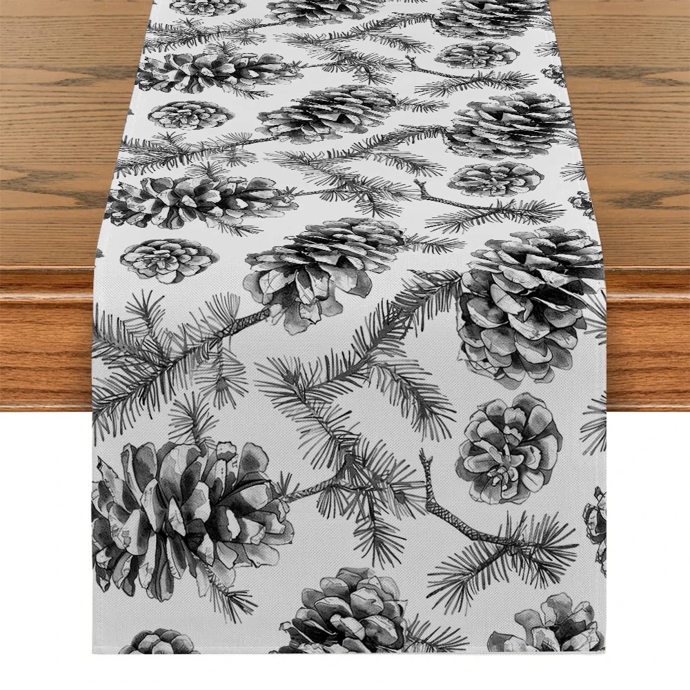 Pine Cone Pine Cedar Black and White Table Runners Dresser Table Decor Reusable Kitchen Dining Table Runner Party Decor