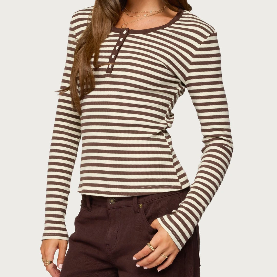 Damen-Hemden, lässig, langärmelig, braun-weiß gestreift, T-Shirts mit Knopfleiste vorne, leichte Herbst-Tops, klassische Passform, Henley-Hemden