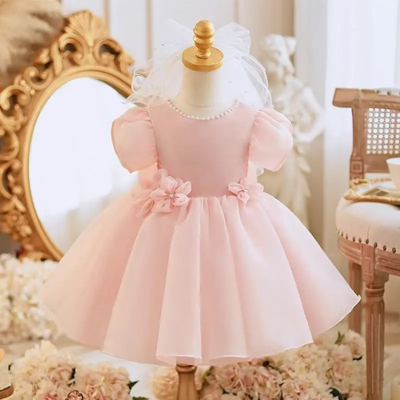 Customized New Sweet Children Birthday Party Dress Beading Design O-neck Slim Waist Flower Girls Dresses Ball Gown Princess Plea