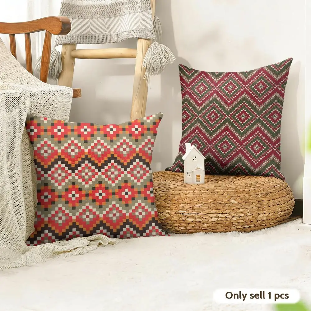 Red Tribal Aztec Kilim Pattern Cushion Cover Natural Linen Double Sided Print  Throw Pillow Case for Sofa Couch Home Decor