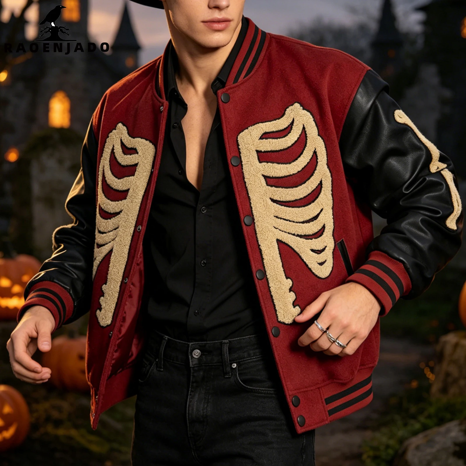 Men's Varsity Jacket Vintage Letterman Style Streetwear Coat with Skeleton Embroidery and Faux Leather Sleeves for Halloween