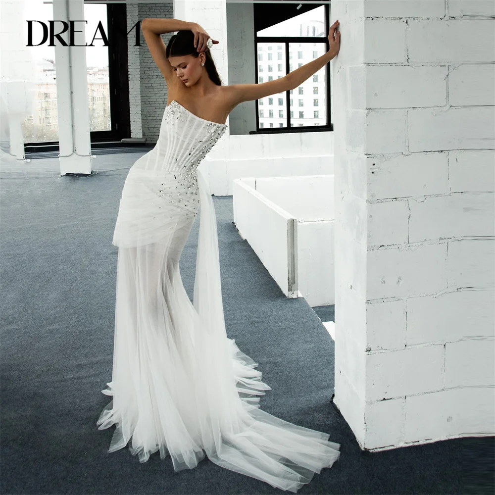 

DREAM плиссированные свадебные платья русалки для женщин 2025 горный хрусталь с вырезом лодочкой и открытой спиной тюлевое свадебное платье Vestidos De Novia по индивидуальному заказу
