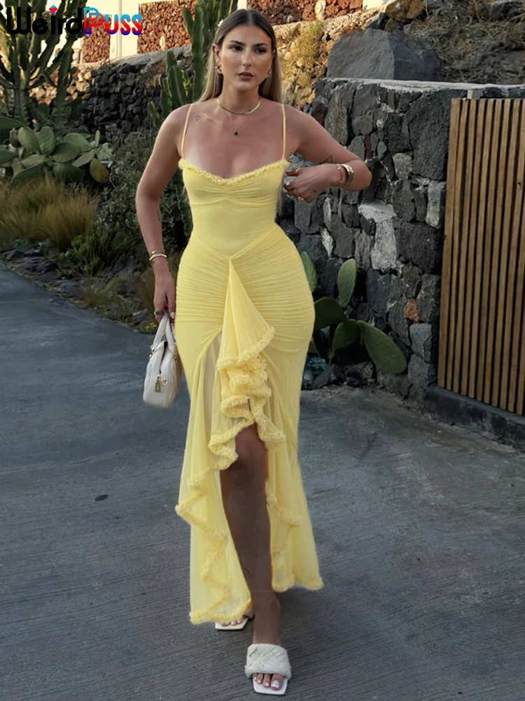 Strano Puss Ruffles Vestito dalla fasciatura Donna Sexy Backless Senza maniche Nappa Collo in pizzo Vedere attraverso le fessure Orlo Prom Party Lungo aderente