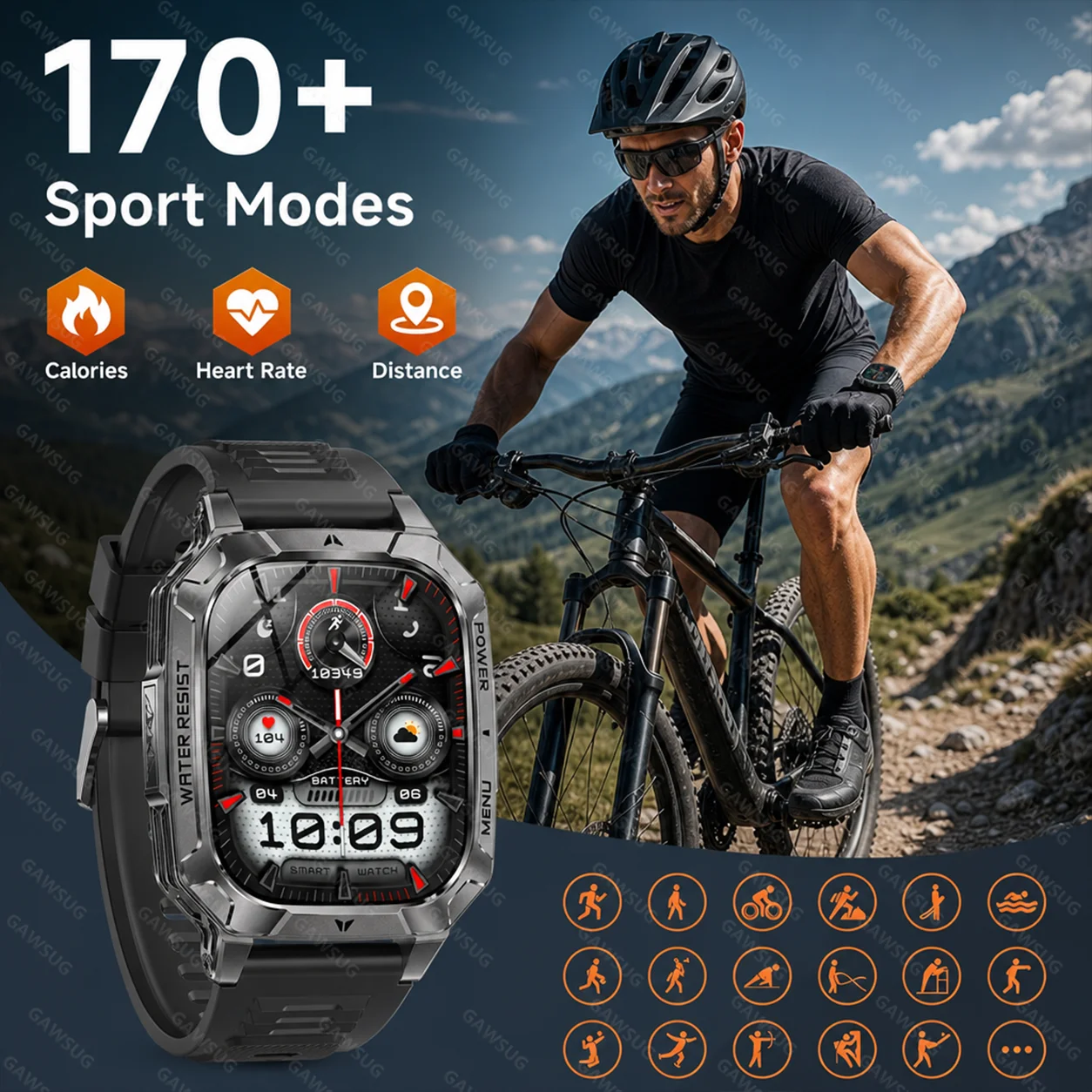 2026 New Rugged Smart Watch Men with Flashlight 1400mAh IP68 Waterproof Tactical Outdoor Sport Watch Gift for Android IOS