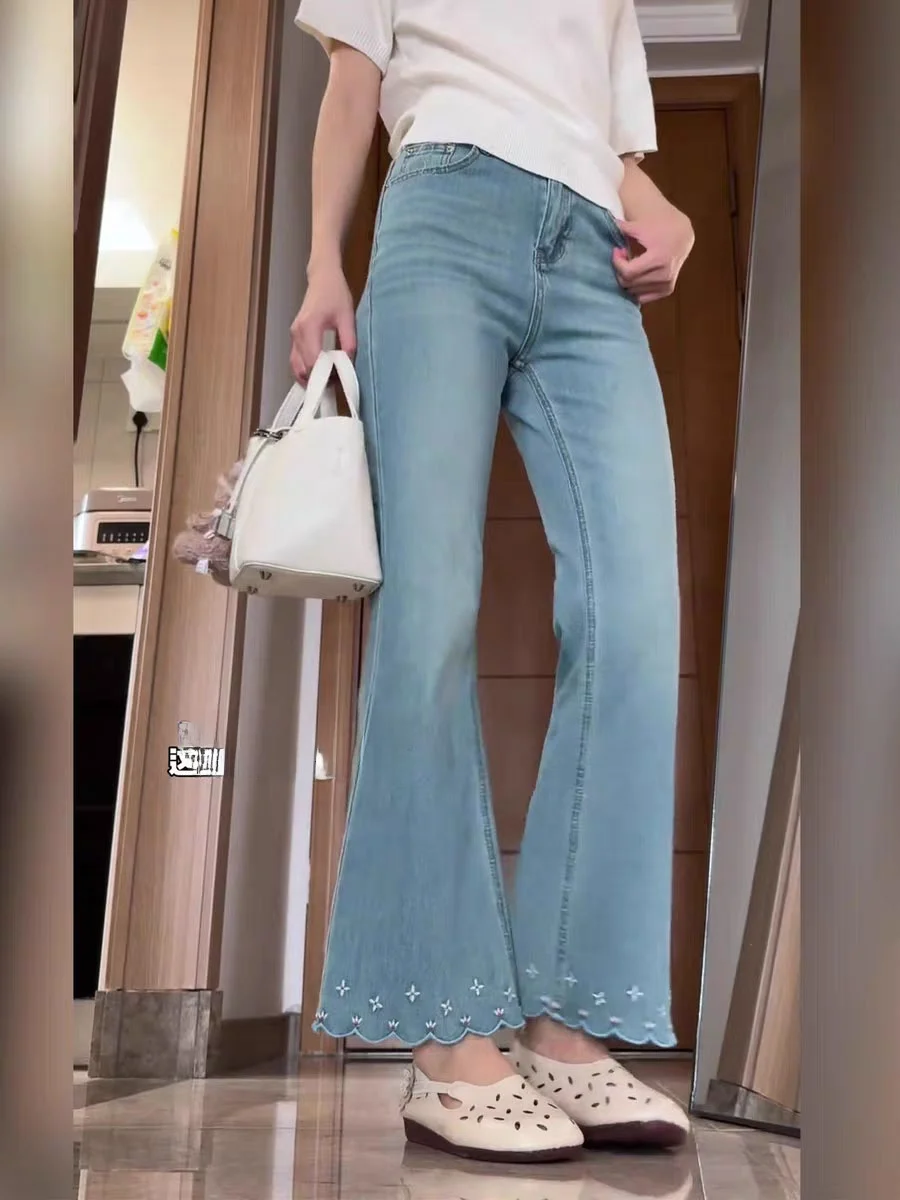 Retro Embroidered Elastic Denim Jeans High Waist Slim Straight Leg Micro Flared Nine-Piece Women's plus Size Cotton Stretch