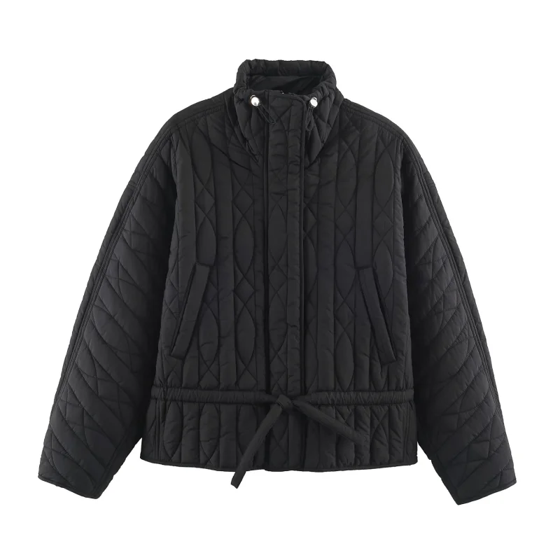 Damen-Freizeitjacke aus Baumwolle in Unifarbe mit Stehkragen, einzigartigem Designer-Look, Kordelzug in der Taille, lockerer Schnitt, Damen-Reißverschluss-Oberbekleidung – Detail 4