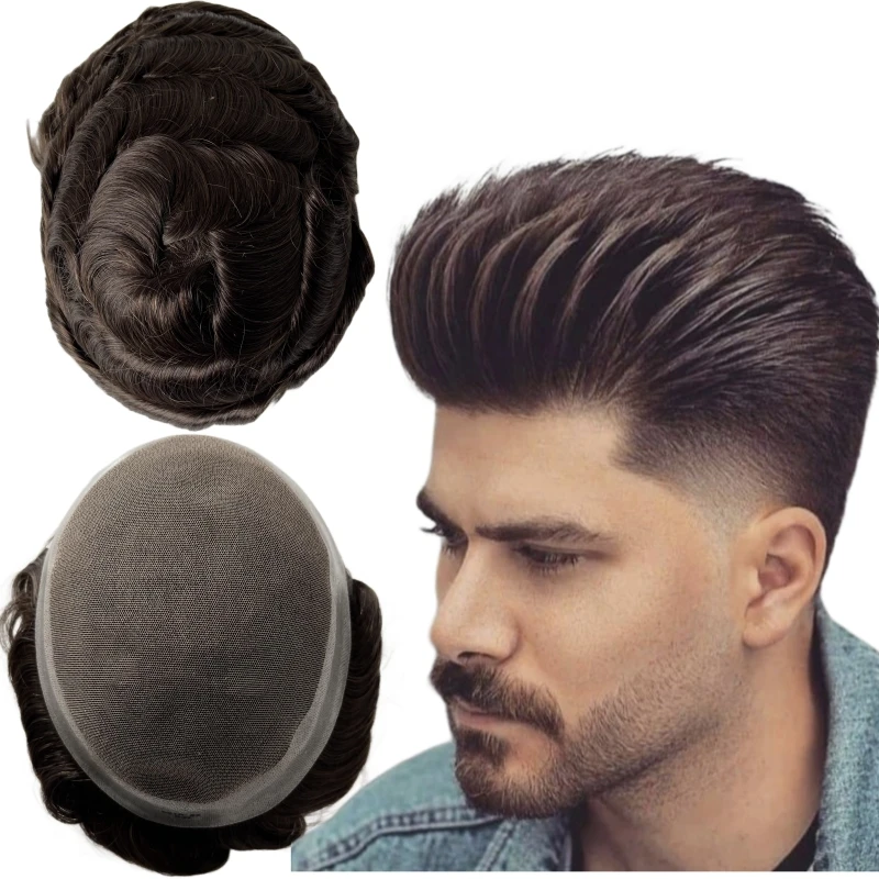 

6 Inches European Virgin Human Hair Systems Brown Color 2# 8x10 Male Unit Full Lace With PU Perimeter Toupee for White Men