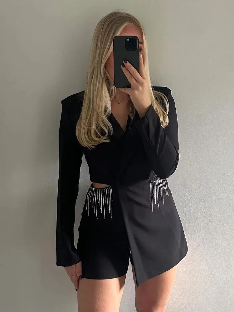 

2024 New Spring Fashion Causal Tassel Playsuits Long Sleeve Vintage Woman Elegant Hollow Out Blazer Jumpsuit Slim Tops