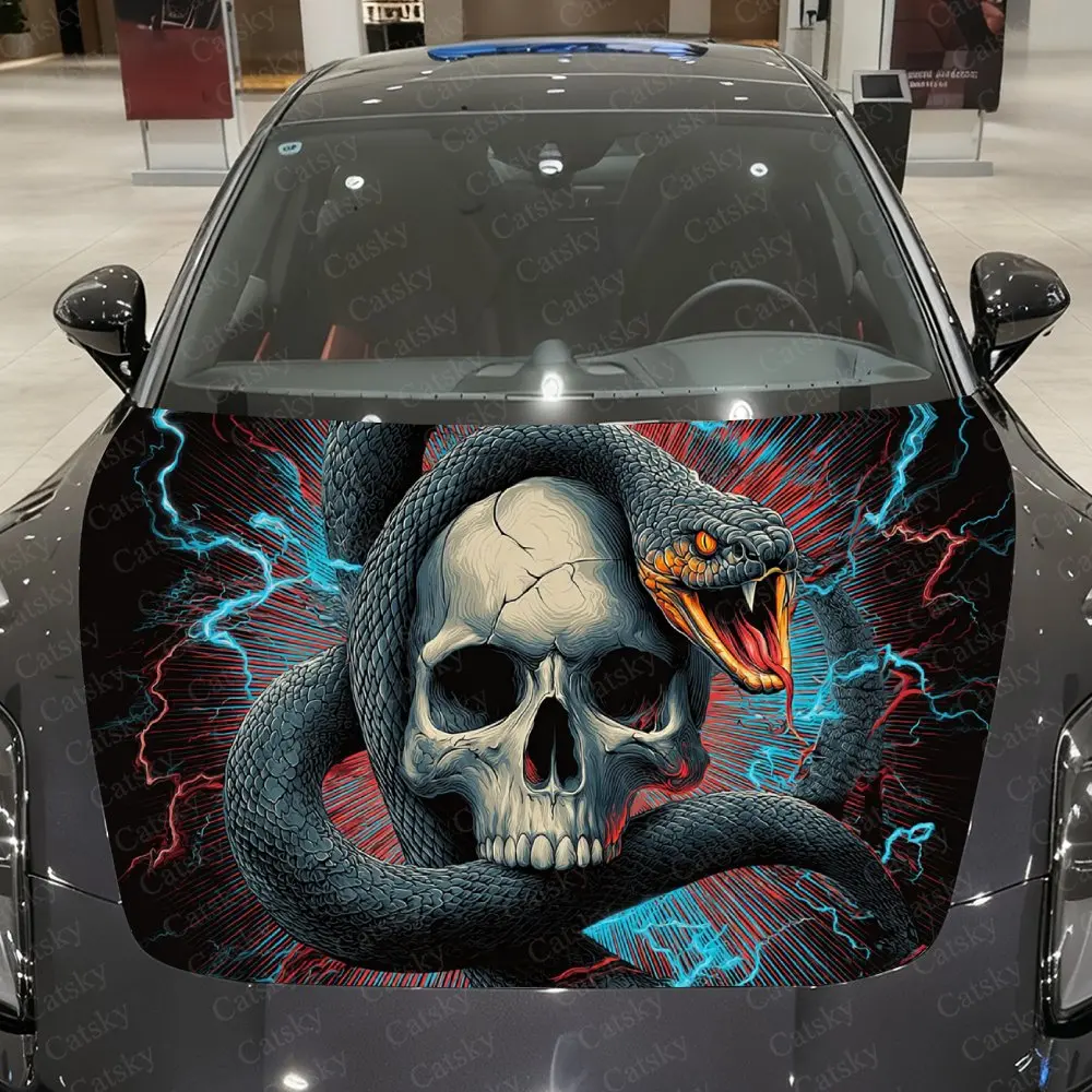 

Electric Flame Wrapped Skull Car Vinyl Wrap, PVC Waterproof Car Hood Sticker, Self-Adhesive Scratch-Resistant Stickers