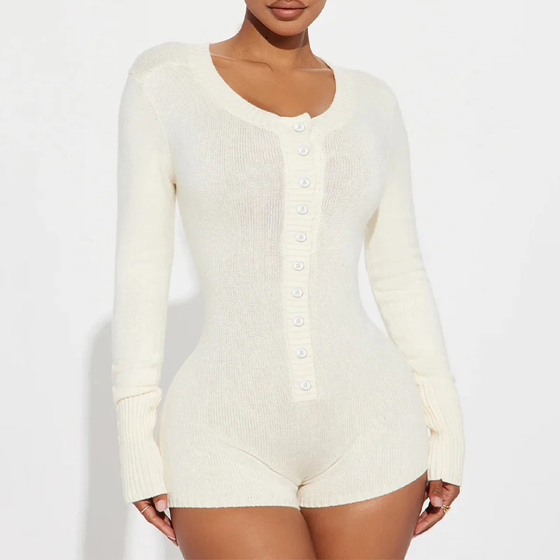 

BKLD Casual Knitting Sexy Solid Color Tight Fitting Long Sleeve High Waist Button Up Women's Jumpsuit Shorts Street Home Clothes