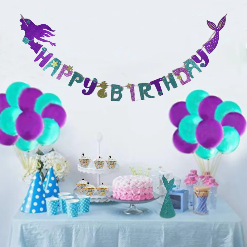 Mermaid Party Decoration Garland Happy Birthday Banner Girls 1st Birthday Decor Mermaid Tail Shell Banner Baby shower Supplies