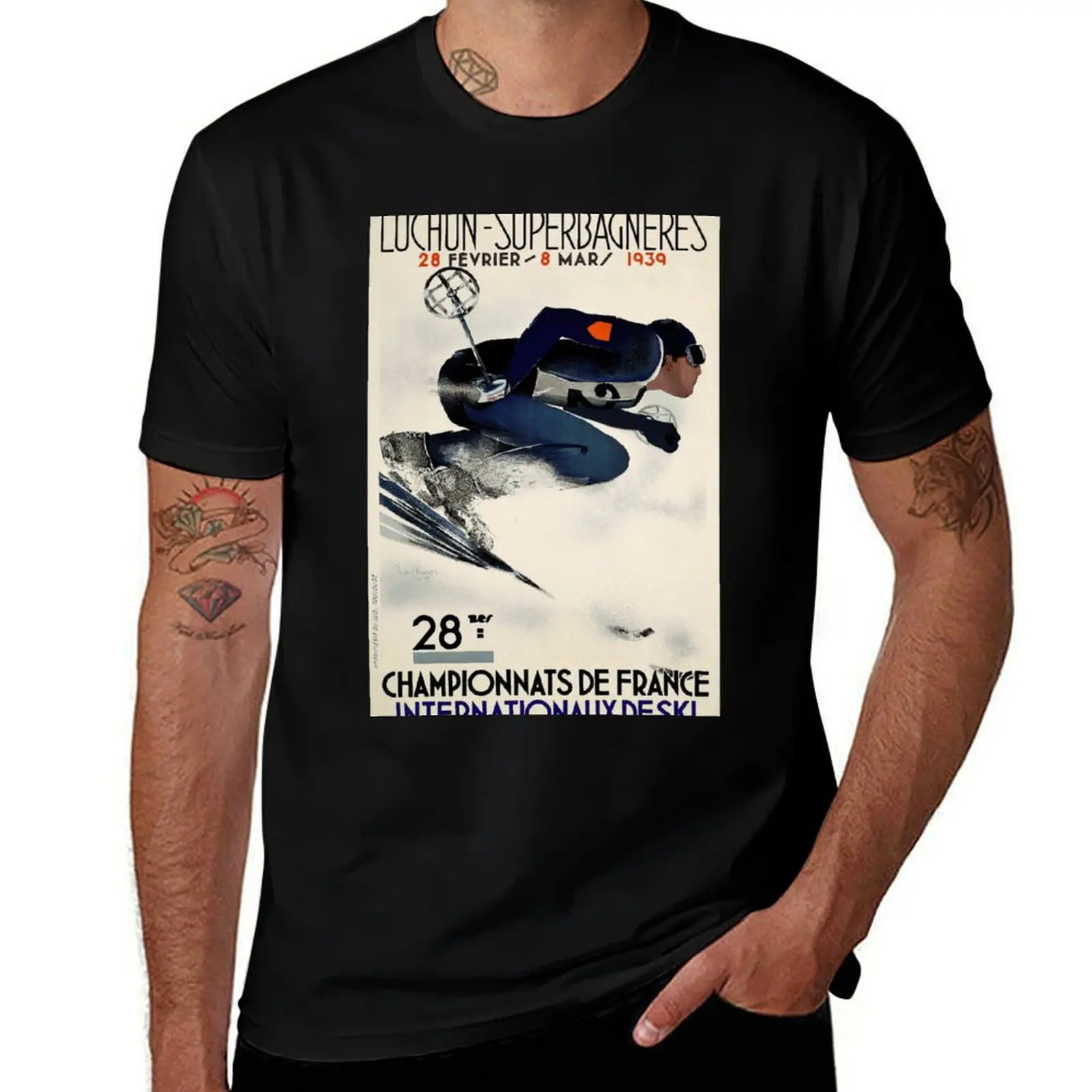 

Dynamic French Vintage Ski advert from 1939 T-Shirt men t shirt cotton 100% t shirts for man pack white T-Shirt