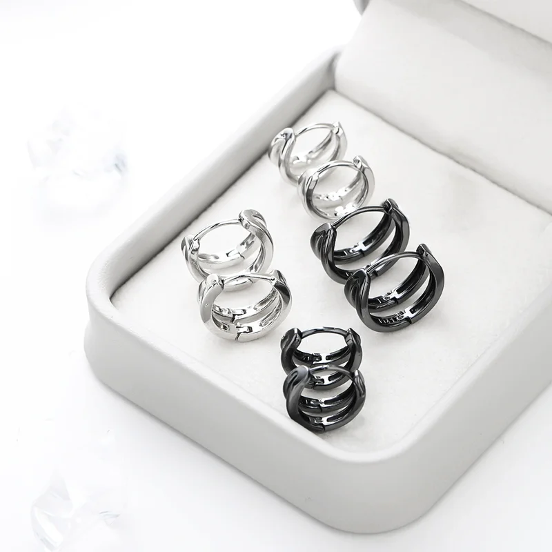 Punk Hiphop Rock Round Double Layer Hoop Earrings For Women Jewelry 925 Sterling Silver Black Unisexual Girl&Men Twin Ear Circle