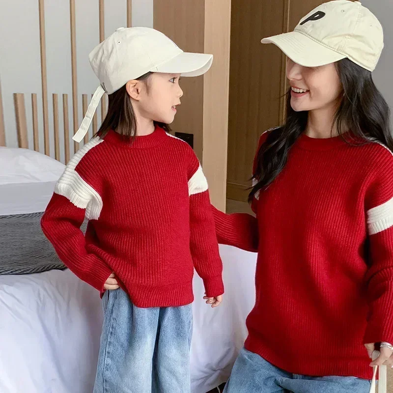 2024 New Year Father and Son Matching Family Christmas Party Red Costume Sweater Mother and Daughter Fashion Knitted Kids Outfit