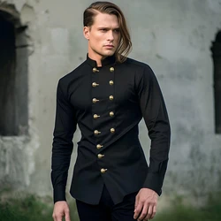 Men Long Sleeve Shirts Double Breasted Henry Collar Mens Dress Shirts Casual Male Clothes Chemise Hemd Homme Shirt S42