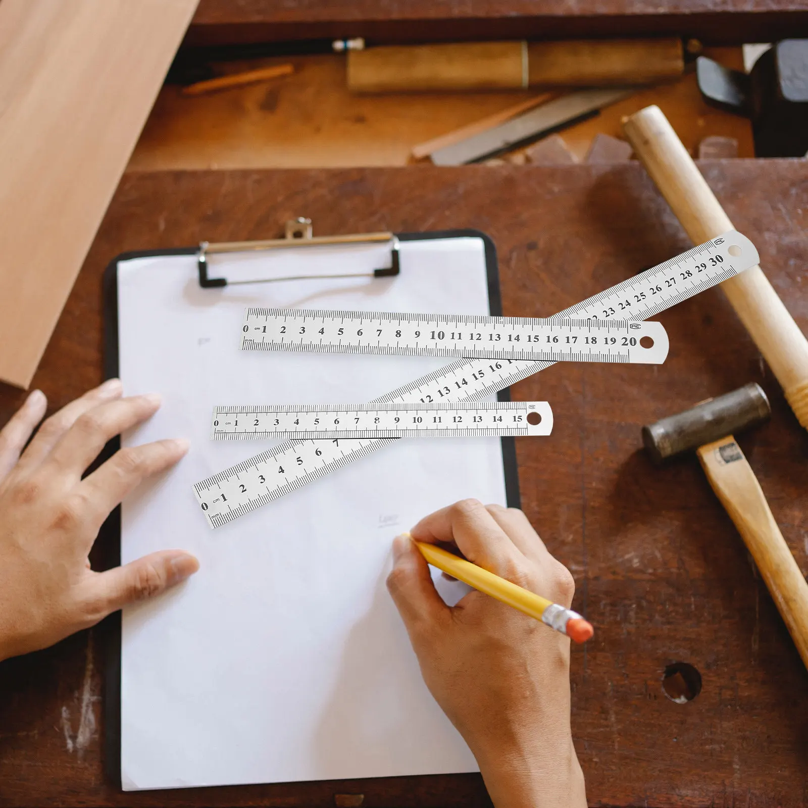 3Pcs Heavy Duty Stainless Steel Straight Ruler Lightweight Portable with Hanging Hole for Drafting Machinist Graphic Design