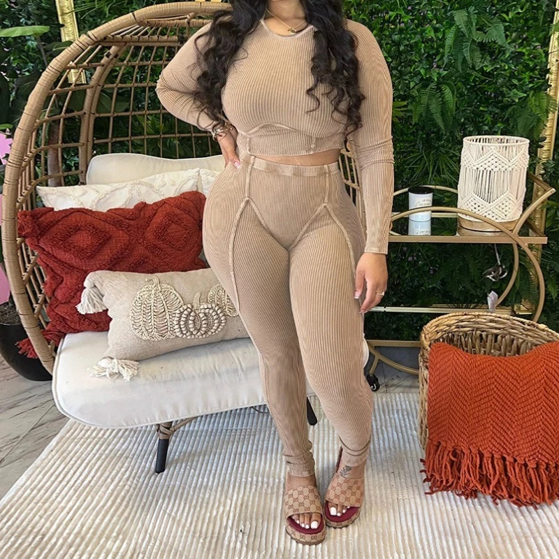 Knit Ribbed Women's Set Long Sleeve T-shirt and Legging Pants 2026 Fashion Fitness Yoga Two 2 Piece Set Outfit Tracksuit