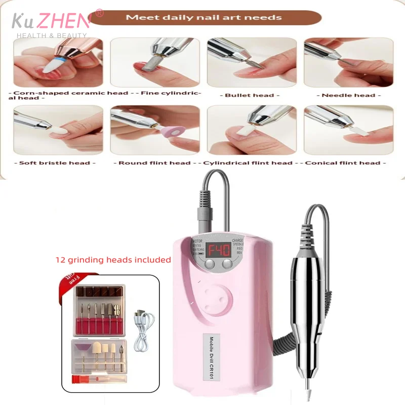 

1PC Nail Drill Machine Pro Lathe Nail Milling Cutter Rechargeable Nail Art Electric Sander Motor Polisher With 12 Polishing Head