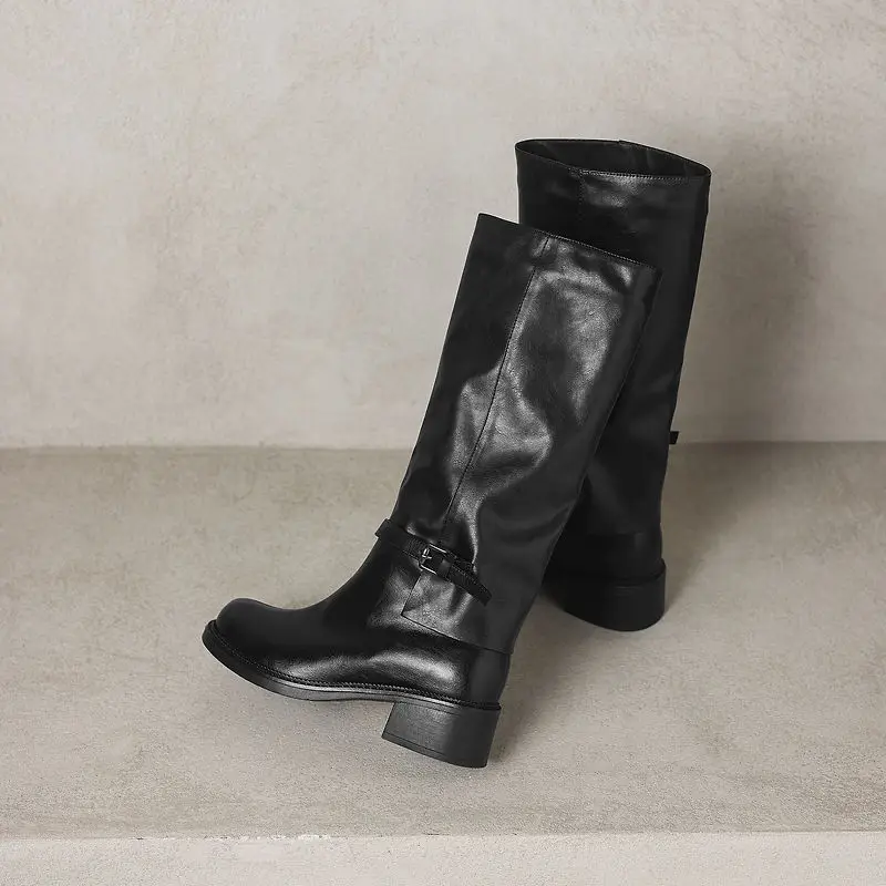 ESVEVA 2027 Fashion Genuine Leather Women Knee High Boots Winter Motorcycle Round Toe Shoes Mid Heels Autumn Long Boots 34-42