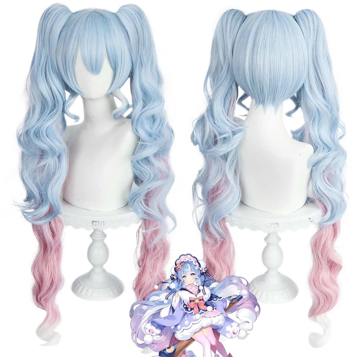 Snow Miku Cosplay Wig Heat Resistant Synthetic Long Blue Pink Hair Breathable Adjustable Wig For Costume Party