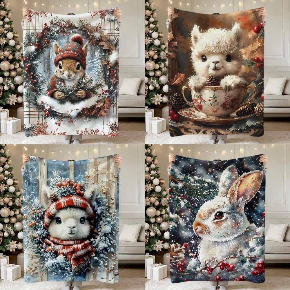 Cute Christmas Rabbits Squirrel Alpacas Wolve Soft Warm Plush Blanket For Dorm Sofa Living Room Bedroom Gift Nap Home Flannel