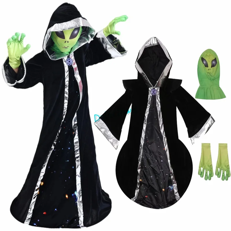 Green ET Alien Lord Costume Cosplay For Children Evil Witch Horror Scary Mask Suit Halloween Costume For Kids OI8714