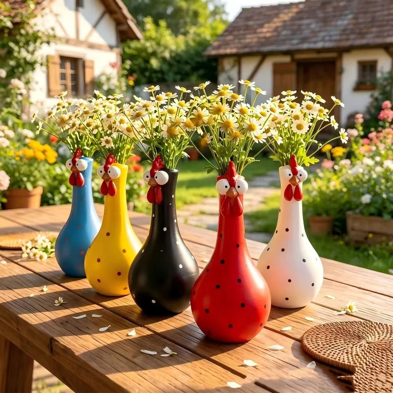 New Cute Rooster Shaped Resin Vase Fun Wave Point Rooster Head Desktop Ornament Farm Style Home Decoration Festival Gift