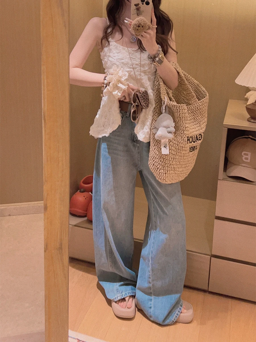 

Yukiss High Waist Straight Leg Jeans Women's Casual High Elasticity Zipper Closure Blue And Black Two-Tone Leg Lengthening