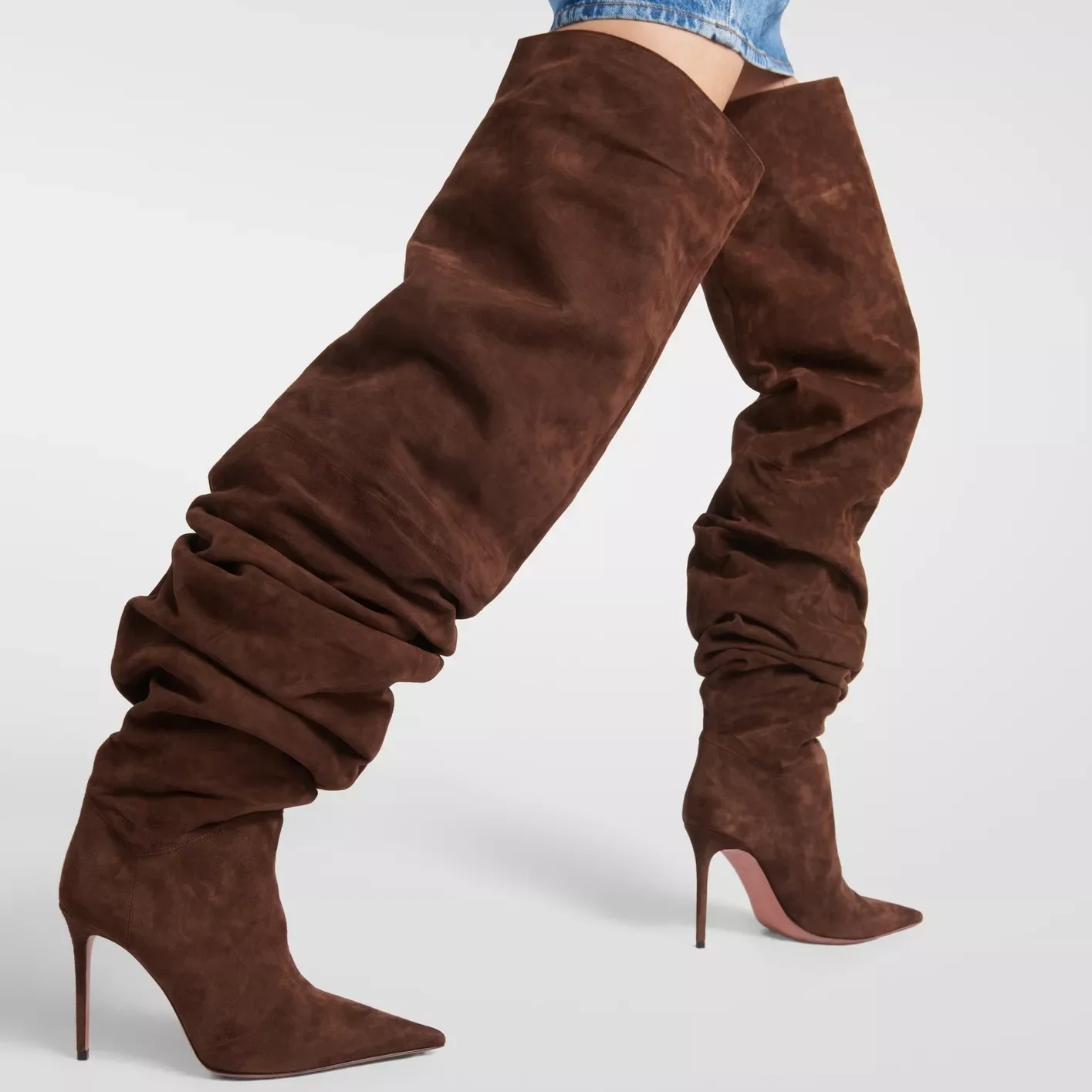 

Women Thigh Boots Dark Brown Suede Stiletto Heel Pointed Loose Folding Purple Custom Color Booties Length Pleated Winter Shoes