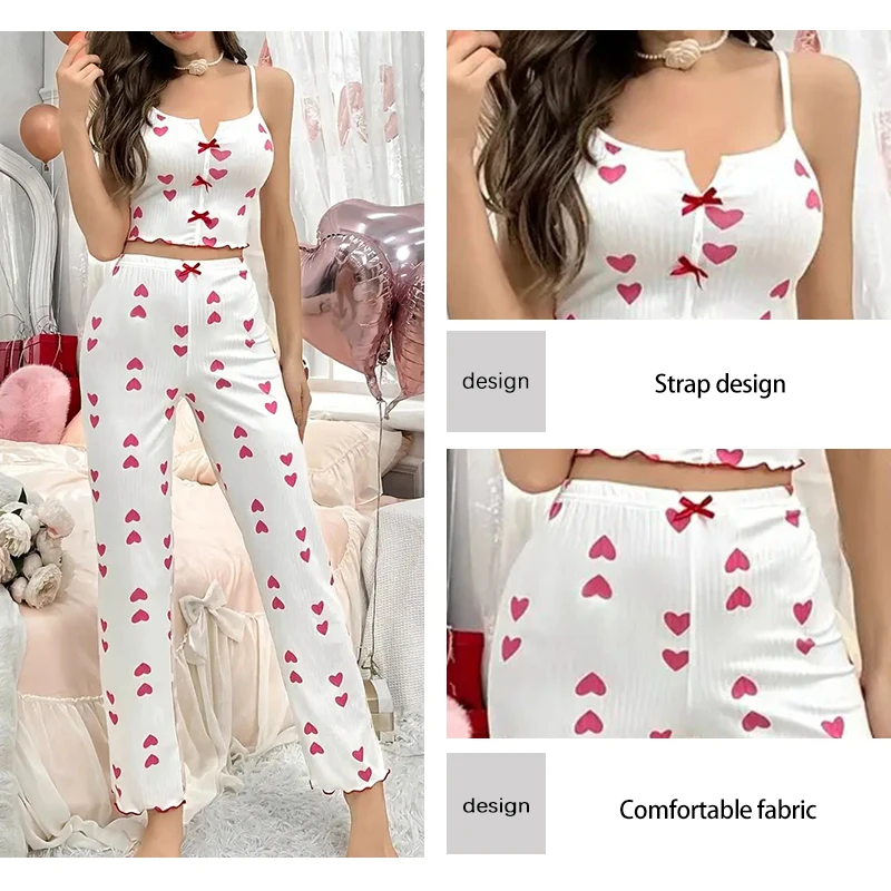 Women\'s Sexy Two-Piece Pajama Set Printed Lace Patchwork V-Neck Strap Top with Back Lace Detail Comfortable Sleepwear