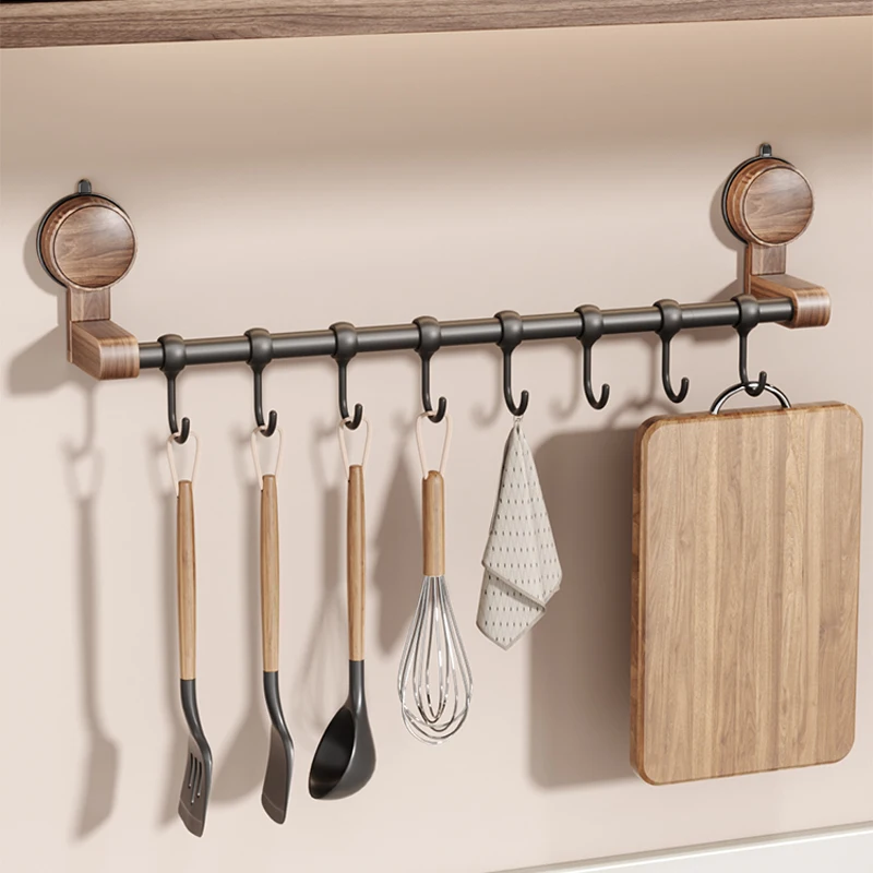 Walnut Suction Cup Kitchen Hooks Multi-Functional Utensil Rail Spatula Spoon Wall Organizer Space Saving Cookware Storage Rack