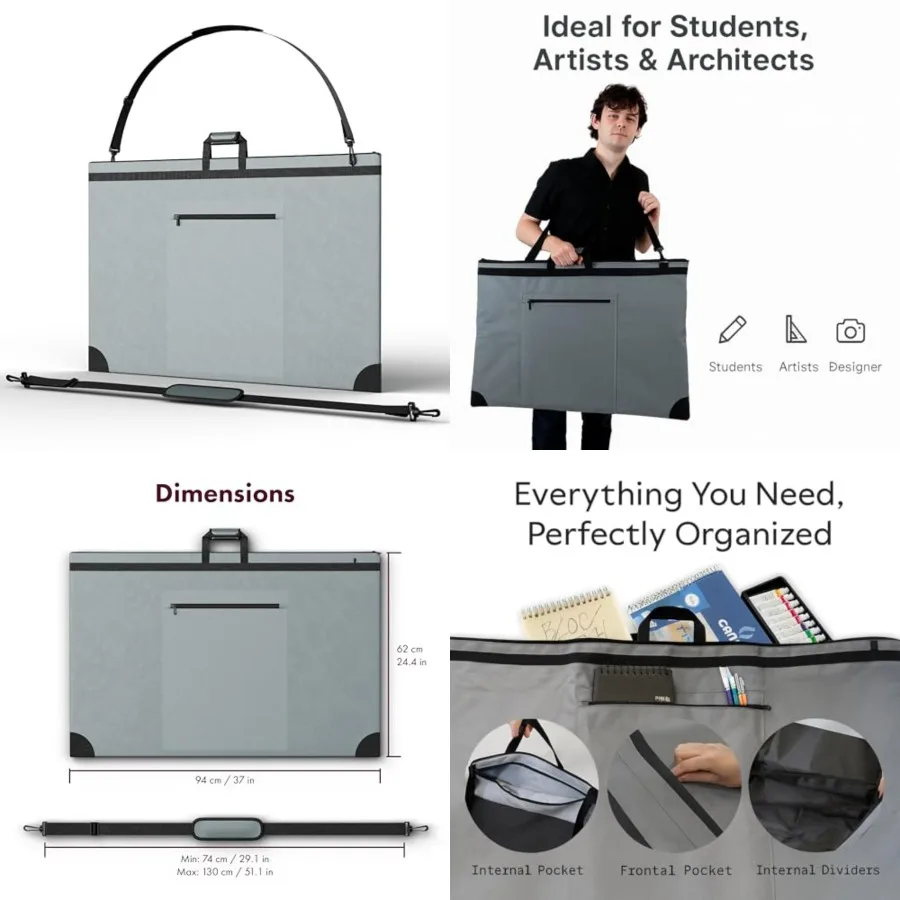 Tas Portofolio Seni Abu-abu 24x36 Tahan Air dan Ringan dengan Sudut Kulit, Tali Bahu yang Dapat Disesuaikan, dan Multifungsi