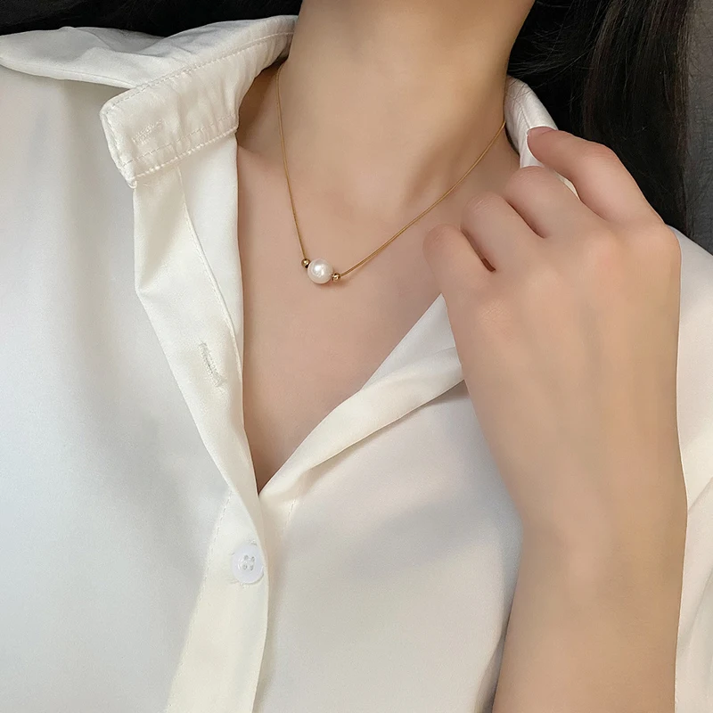 ANENJERY 316L Stainless Steel Pearl Necklace for Women Somple Niche Gold Color Clavicle Chain collares Jewelry Gift