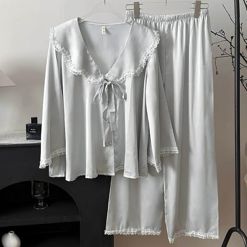 

Big Lapel Satin Pajamas Suit Sleepwear With Lace Trim Women Pyjamas Femme Nightwear Casual Home Wear