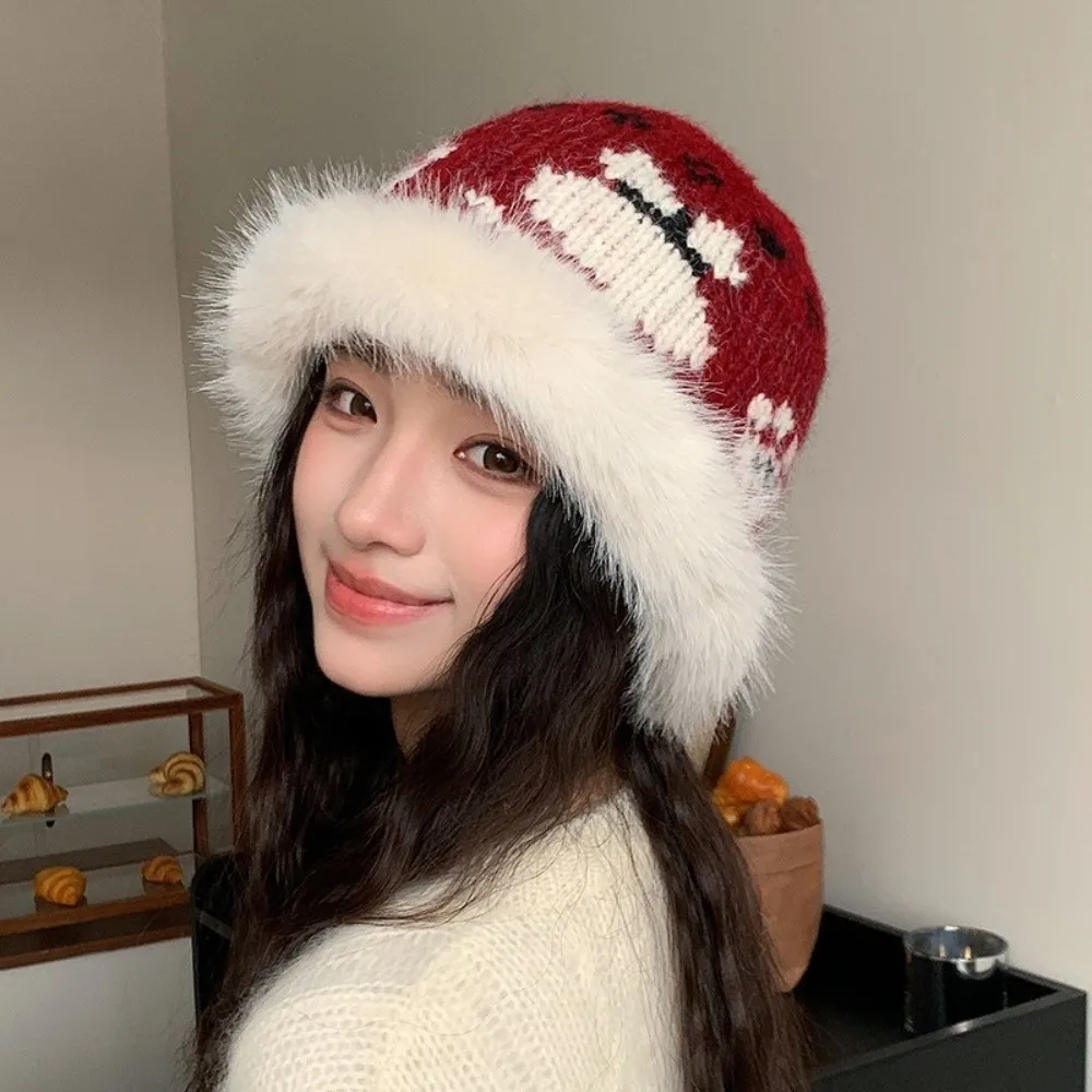 Polyester Fuzzy Bucket Hat Large Head Circumference 56cm to 58cm Warm Winter Knitted Hat Cold Proof Fair Isle Pattern