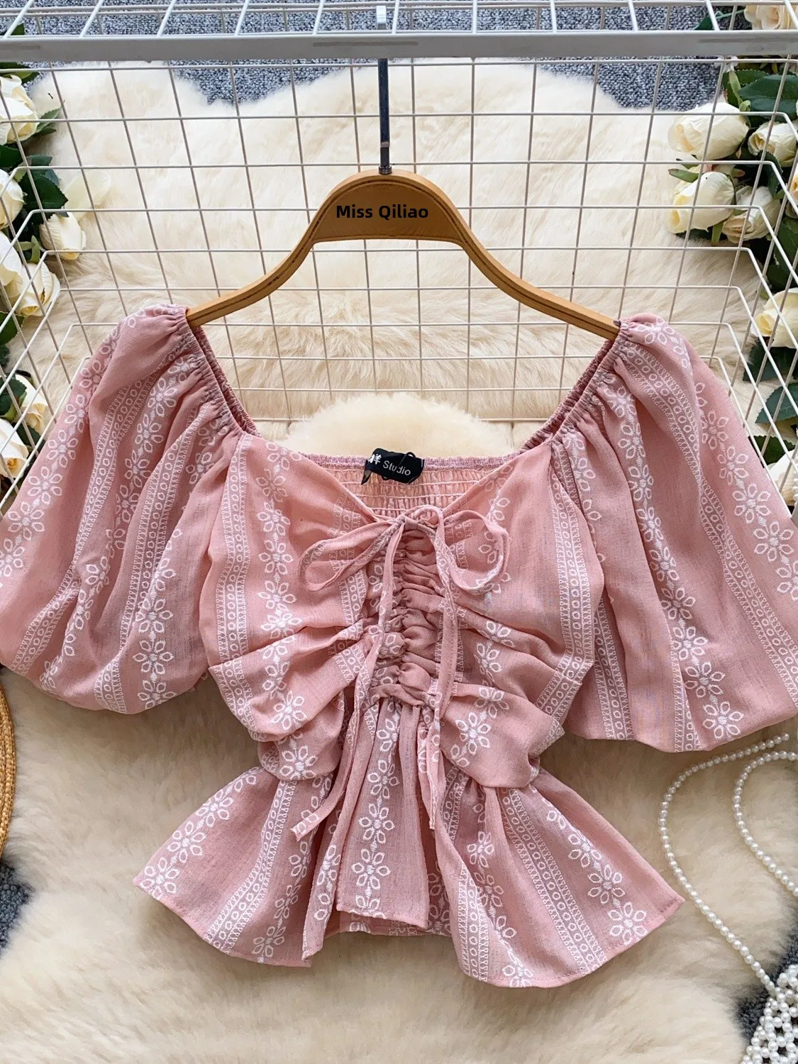 

Ретро Sle Bubble Sve Женский irt Summer Dstring Pure Desirable ort Sve Красивый топ небольшого размера