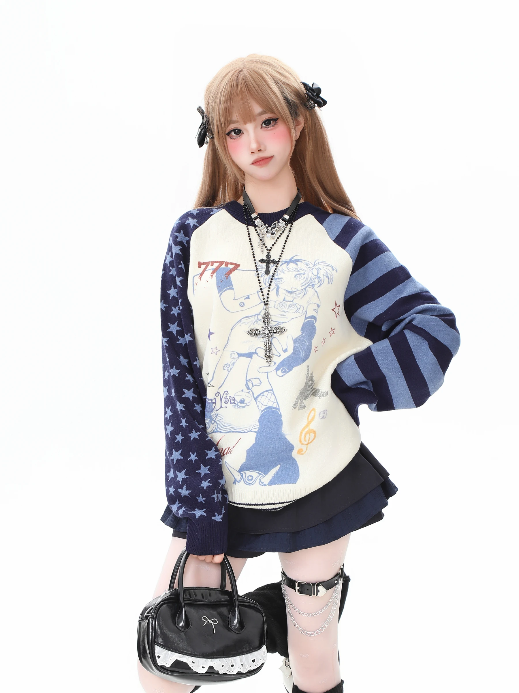 Loose Knitted Sweater Shoulder Printed Basterds Subculture Style Women's Autumn Slimming Top Casual Comfortable Long Sleeve