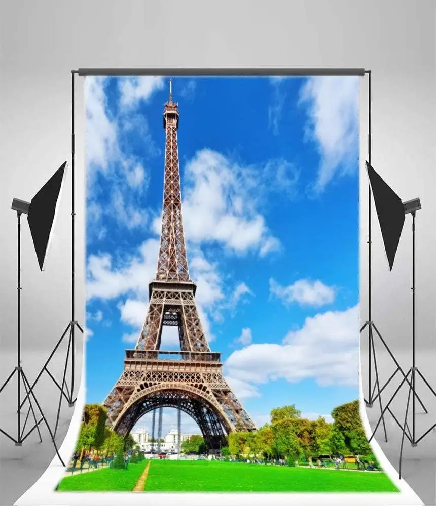 

Eiffel Tower Photography Backdrop Paris Square Green Grassland Blue Sky White Cloud Wedding Background Kids Adults Travel Studio