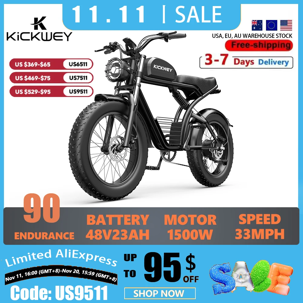 Kickwey K7 الكبار دراجة كهربائية 1500 واط 48 فولت 23ah دراجة كهربائية جبلية 20 بوصة الدهون الإطارات الترفيه في الهواء الطلق على الطرق الوعرة E الدراجة