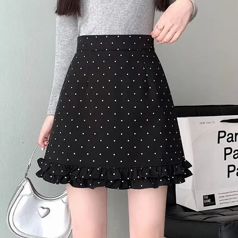 Fashion Folds Spliced Polka Dot Mini Skirts Women's Clothing High Waist Autumn Winter A-Line Elegant Bag Hip Sweet Basic Skirts