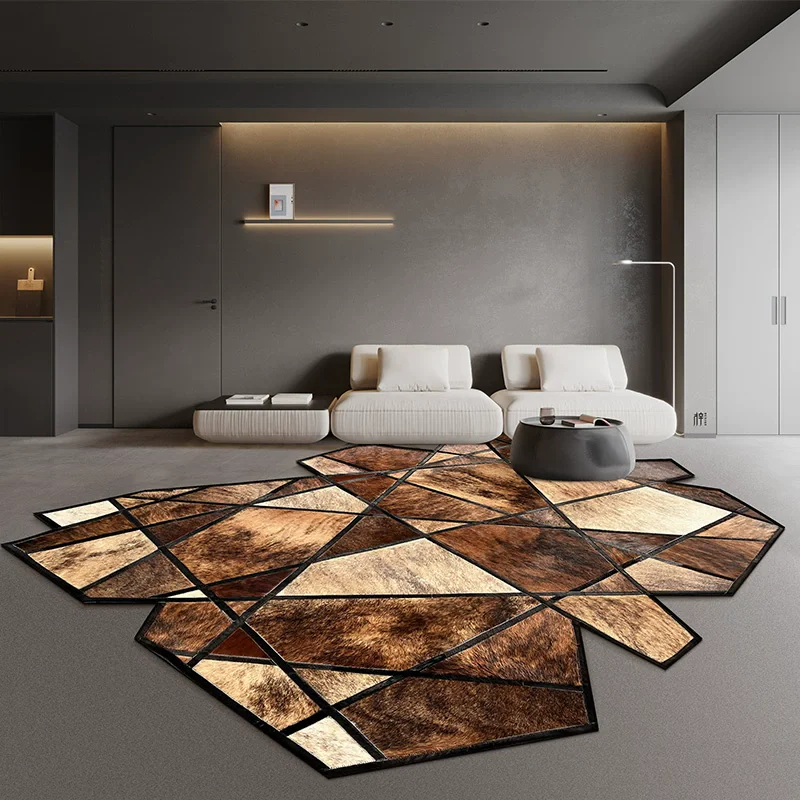 Irregular Geometric Cowhide Carpet For Living Room Home Brown Handmade Bedroom Rug Internet Celebrity Photo Props Floor Mat