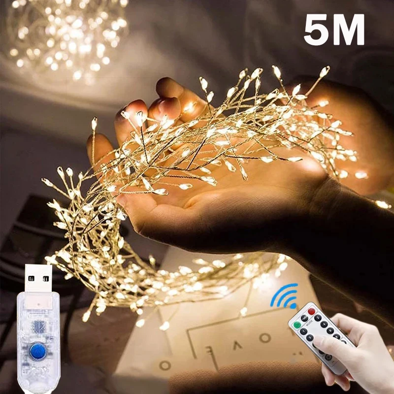 5M USB Power LED Firecracker Fairy Light Remote Control Dimmable Timer String Lights Wedding Party Garden Christmas Lamps