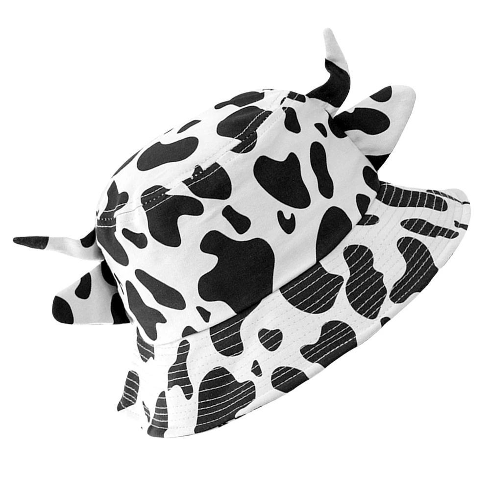 

1pc Cow Horns Bucket Hat AntiUV Cotton Wide Brim Ladies Fashionable Casual Cap CowPrints Sun Protection Fisherman Hat