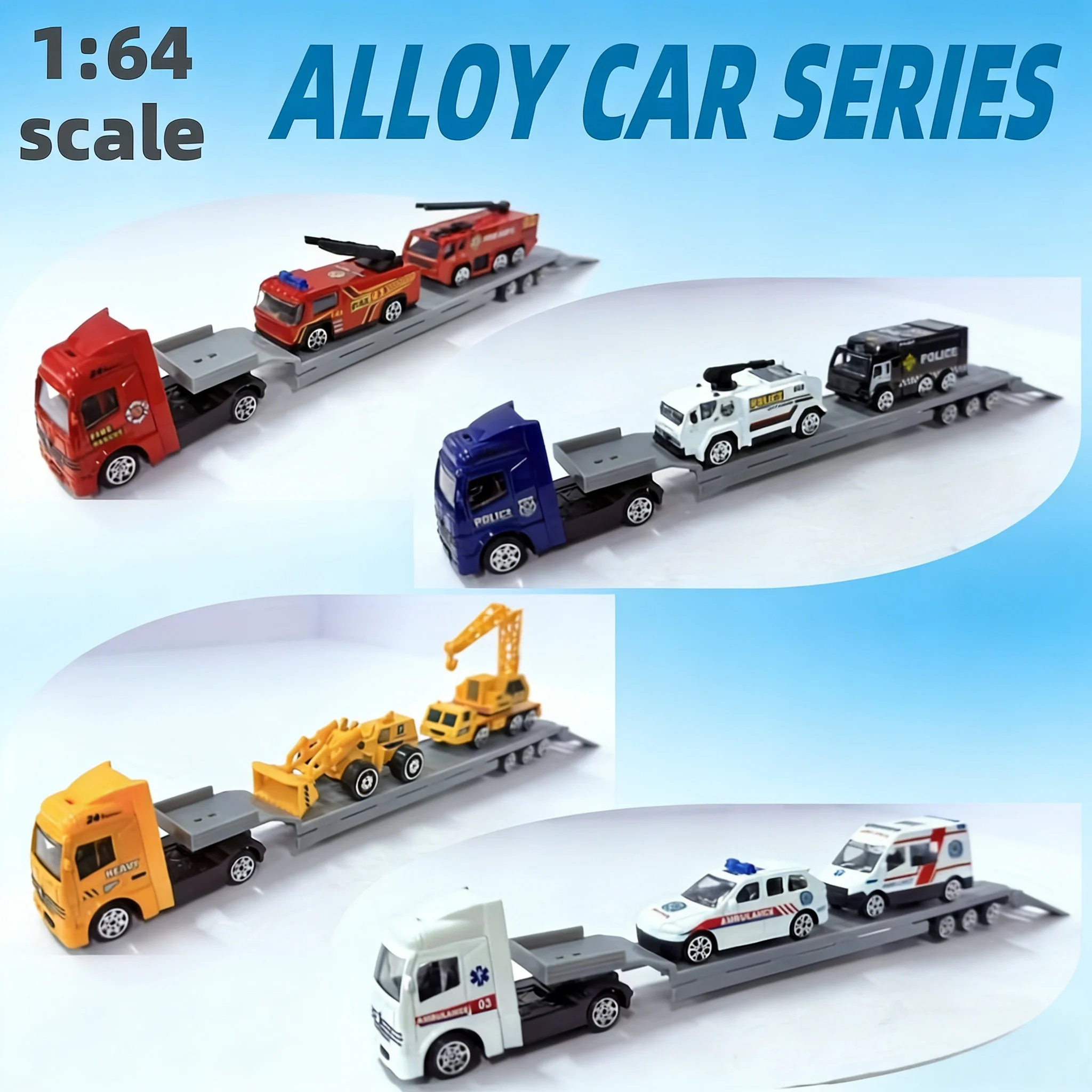 Legering Engineering Flatbed Trailer Transportvoertuigset met elektrische politieambulance, handmatige traagheidsauto's, niet-aangedreven