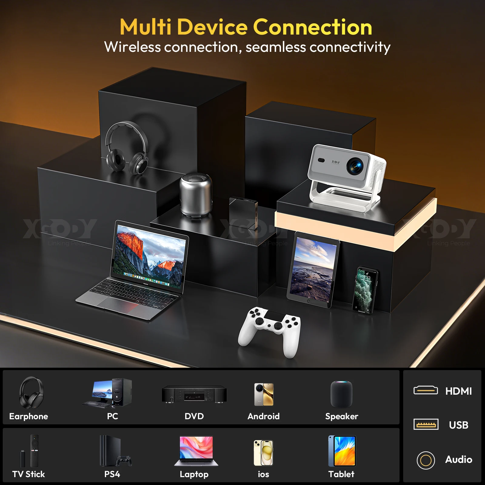 XGODY A6 PRO أصلي 1080P 650 ANSI 4K أندرويد 11 32 جيجابايت 135 °   Projekttor mit Auto Keystone Focus Wifi6 BT5.2 محمول خارجي