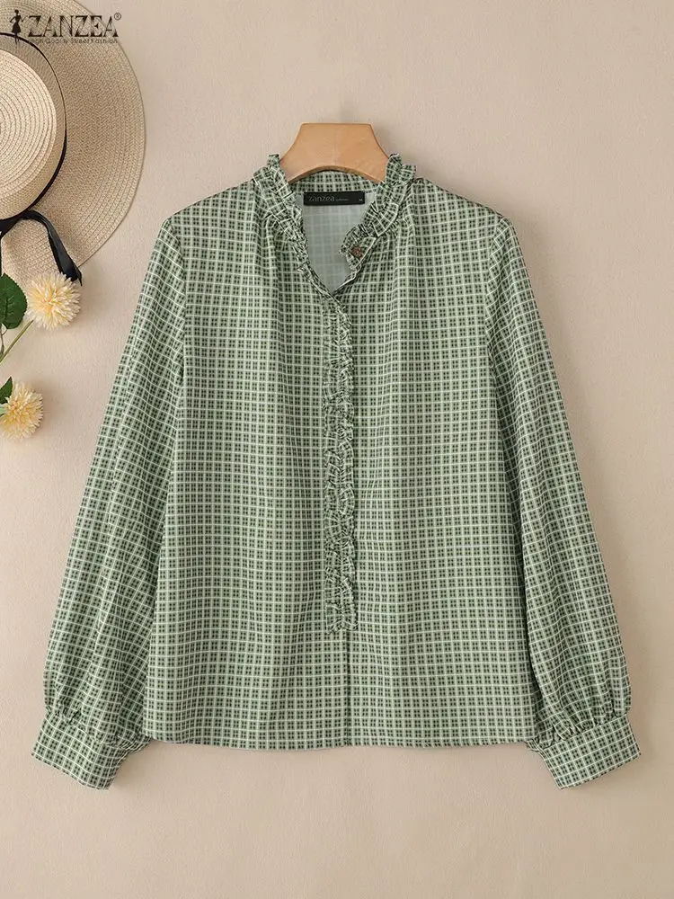 

ZANZEA Autumn 2025 Womens Plaid Shirts Ruffle Trim Long Sleeve Button Up Checked Blouses Everyday Casual Wear Woman Tops