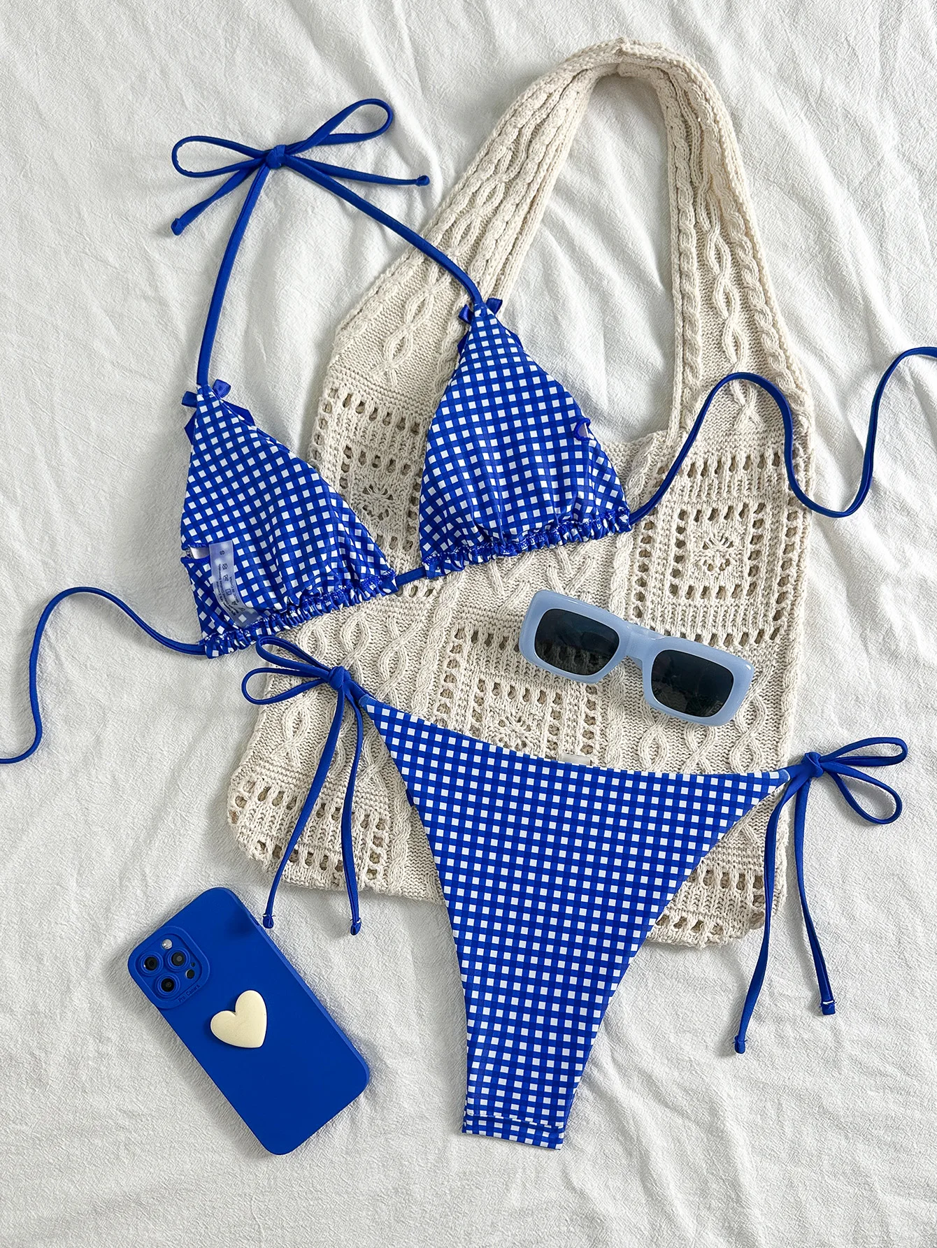 Women's Bikini Set, Ins-Style Picnic Mat Blue and White Plaid Two-Piece Swimsuit, Popular Bowknot Design, Sexy Halter Neck Tie-Up Triangle Top and Tie-Up Triangle Bottoms